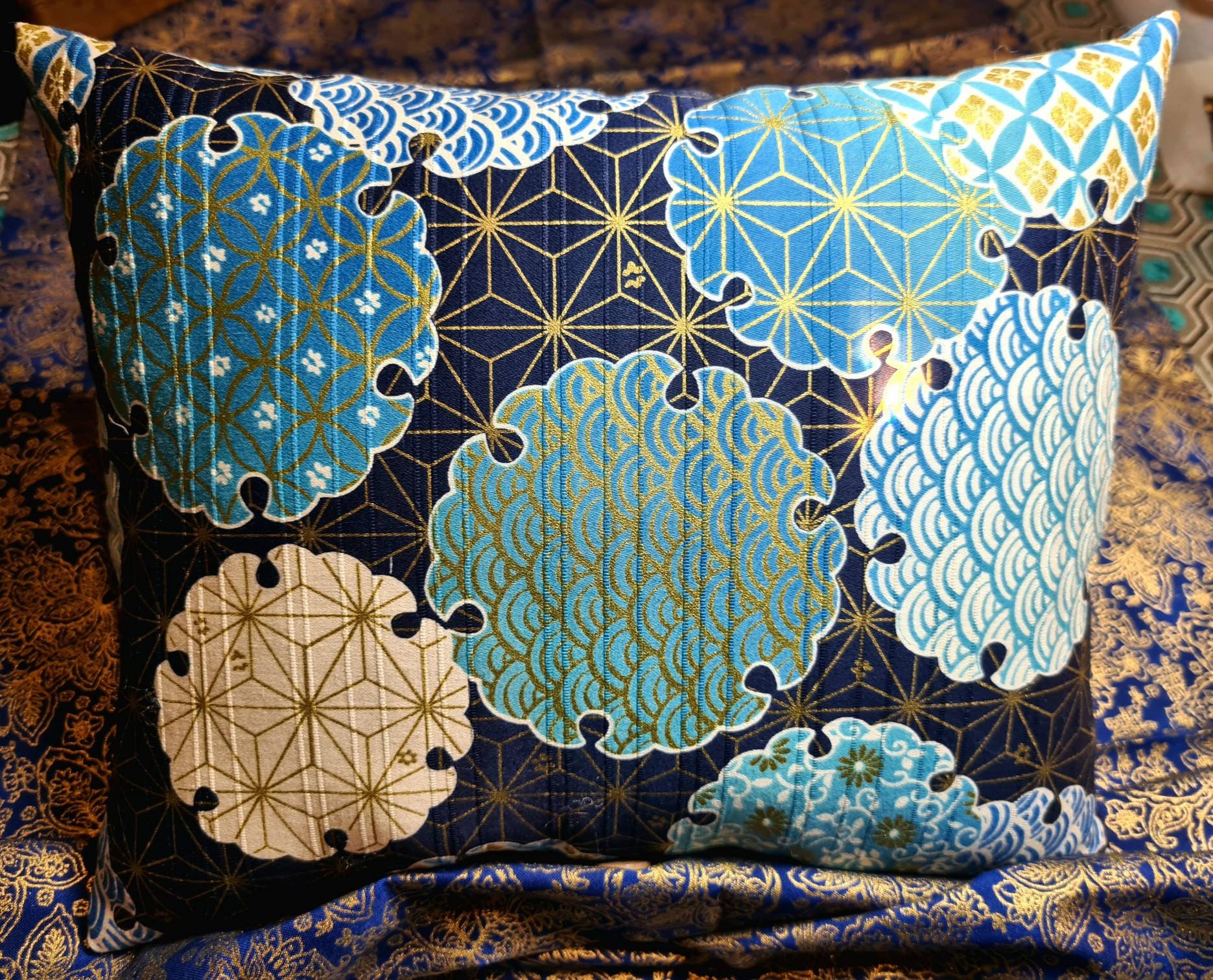 Coussin Décoratif Seigaiha, Asanoha et Vagues Japonaises
