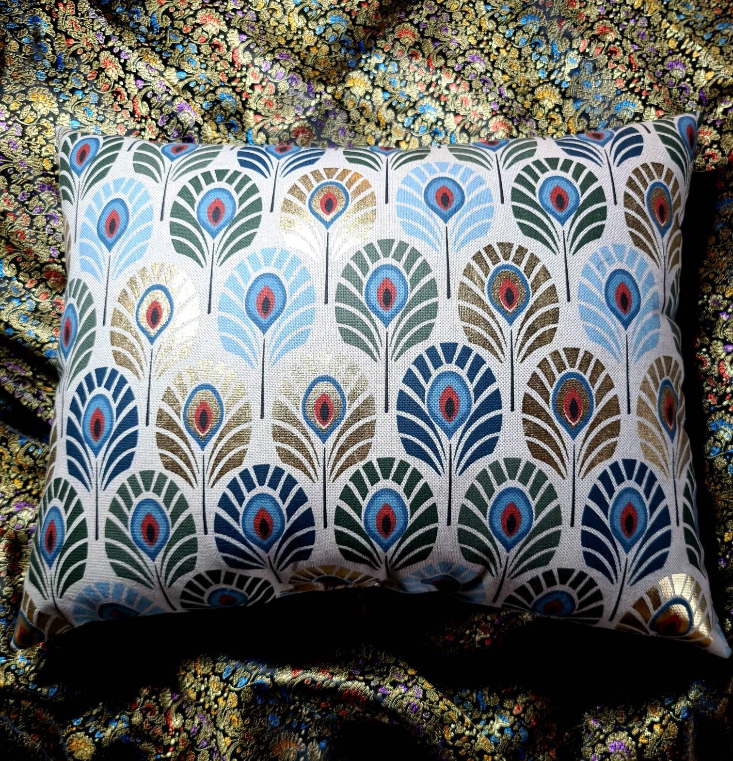 Coussin Lin Plume de Paon Art Déco