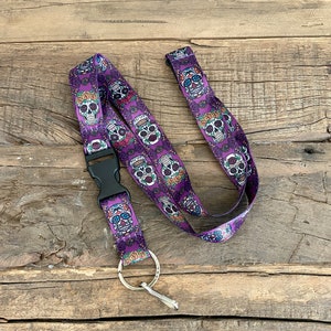 Sugar Skull Lanyard with Breakaway, Release Buckle, and Flat Ring