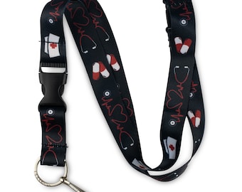 Black Nurse Lanyard with Breakaway Clasp, Release Buckle and Keychain Holder