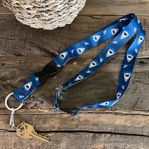 Sharks Lanyard with Safety Breakaway, Release Buckle, and Flat Ring. Sharks or Shark Jaws design.