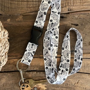 White Gray Cat Lanyard with Release Buckle and Keychain Holder