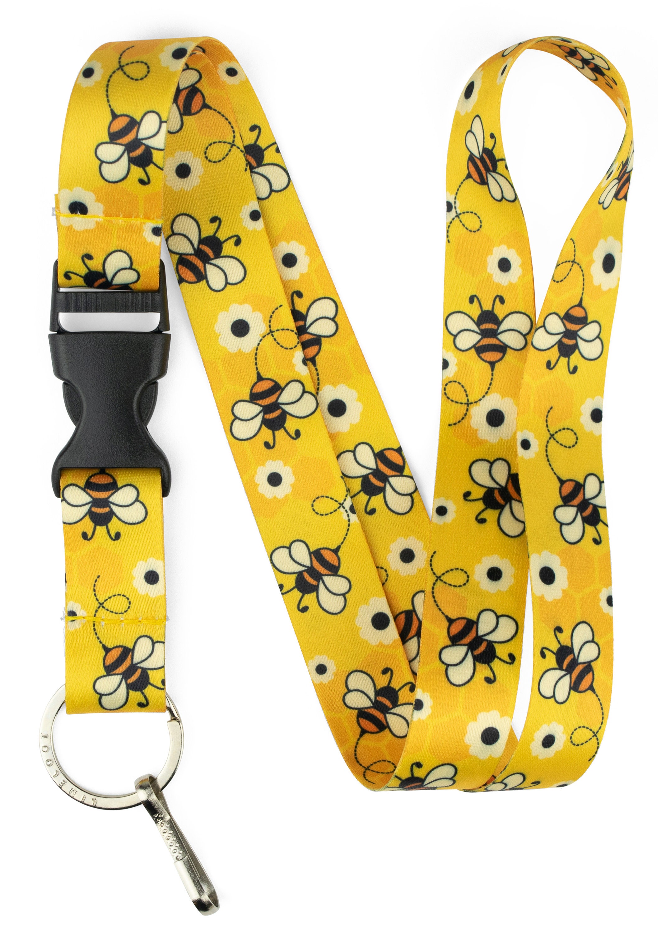 Bee Lanyard on Yellow Honeycomb Design with Buckle and Flat Ring