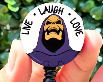 Funny Badge Reel Skeletor Live Laugh Love Meme Retractable Nurse Badge Reel with Swing Clip and 34 Inch Cord