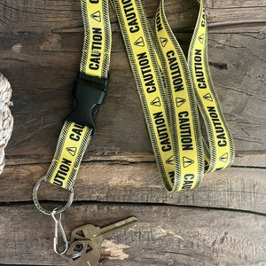 Caution Tape Lanyard for ID Badge, Keys, Accessories with Release Buckle and Flat Key Ring