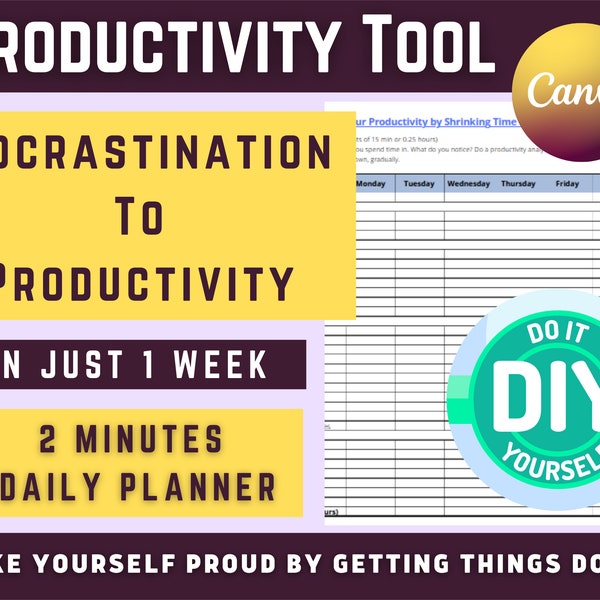 Procrastination to Productivity Weekly Planner or Journal | Self Development & Improvement Exercise | Diy Stop Procrastination Worksheet |