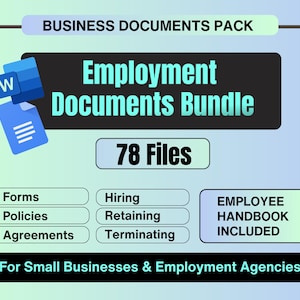 Printable Business Employment or HR Documents & Forms | Ready Hiring Documents for Businesses, Agencies with Employee Handbook - 78 Files
