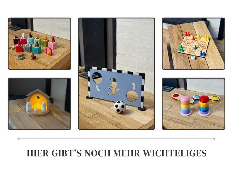 May include: A collection of wooden toys and games, including a soccer goal with a ball, a board game with dice, and stacking toys. The image also features a nativity scene and other colorful blocks.