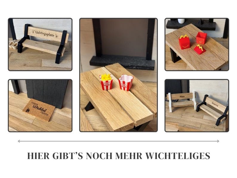 May include: A collection of miniature wooden furniture and accessories, including benches, a table, and fast-food-style containers. The benches have black and white accents, and the table is made of light-colored wood. The accessories include miniature fries and containers.
