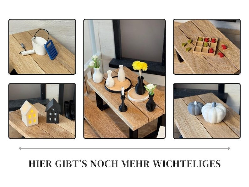May include: A collection of miniature decorative items displayed on wooden surfaces. The items include vases with flowers, small houses, pumpkins, a bucket, and a candle holder. The text at the bottom reads "HIER GIBT'S NOCH MEHR WICHTELIGES".