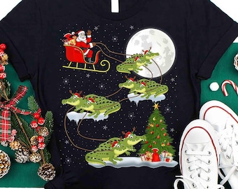 Xmas Lighting Tree Santa Riding Alligator Christmas Shirts, Gator Christmas Tree, Gator Shirt Florida TShirt Crocodile Shirt Alligator Lover