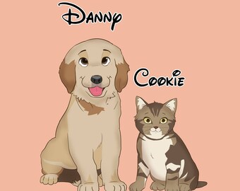 Custom Princess Cartoon Portrait, Cartoon Portrait, Custom Pet Portrait, Dog Portrait, Drawing From Photo, Digital Portrait illustration,