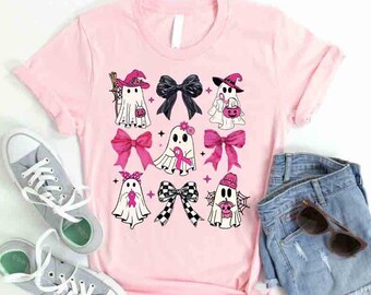 Coquette Halloween Breast Cancer Shirt, Ghost Breast Cancer Support Squad Shirt,In October We Wear Pink Ghosts, Breast Cancer Awareness Gift