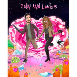 Portrait Rick et Morty personnalisé, cadeau couple Saint-Valentin, dessin animé drôle, portrait de famille personnalisé, cadeau petit ami, cadeau d'anniversaire, cadeau pour lui