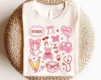 Camiseta de enfermera con colores cómodos para el Día de San Valentín, camiseta de enfermera registrada con corazón, linda camiseta rosa de San Valentín, camiseta de enfermera registrada con amor pediátrico para hospital, enfermera registrada, UCIN