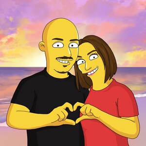 Portrait personnalisé des Simpson, Cadeau de la Saint-Valentin, Caricature de famille, Illustration de dessin animé, Personnage jaune, Cadeau de petit ami,