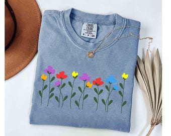 Rainbow LGBT Flower Shirt, Comfort Colors LGBTQ Pride Tee