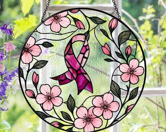 Pink Ribbon Stained Glass Suncatcher, Breast Cancer Awareness Gift