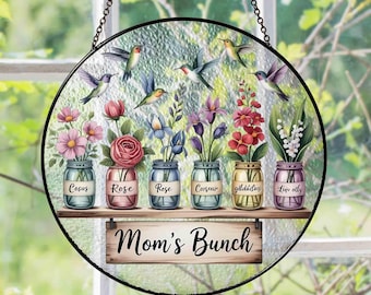 Personalized Grandma's Garden Suncatcher, Birth Month Flower Stained Glass Acrylic Window Hanging, Valentine Gift, Grandma Gift, Mom Gifts