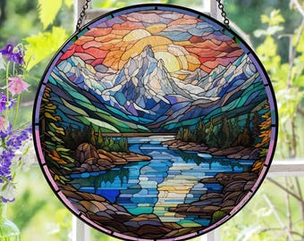 Mountain Lake Stained Glass Suncatcher, Handmade Window Decor