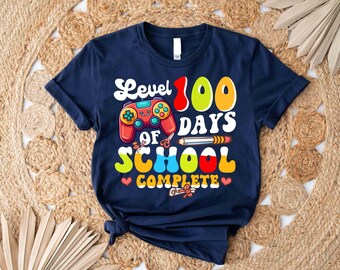 Camiseta de nivel 100 días de escuela completa: camiseta de gamer para niños, divertida camiseta de escuela de videojuegos, camiseta de videojuego para niños
