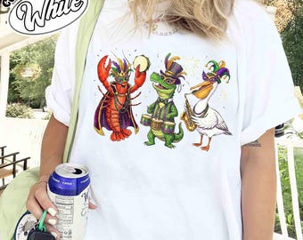Camiseta retro de Mardi Gras con colores cómodos: divertida camiseta a juego de Mardi Gras con cocodrilo, cangrejo de río, ganso, flor de lis, Martes Gordo, langosta de Mardi Gras.
