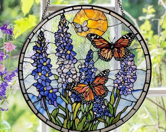 Lavender Monarch Butterfly Stained Glass Suncatcher for Window Hanging Wall Decor Art Gift for Butterfly Lovers Flower Ornament Holiday Gift