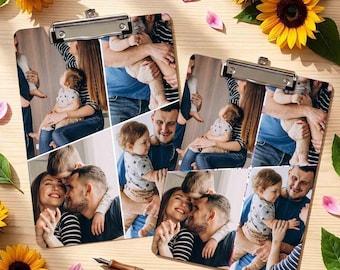 May include: Two rectangular clipboards featuring a photo collage of a family with a young child. The clipboards are decorated with yellow sunflowers and a wooden fountain pen. The photos show various candid moments of parents and their child.