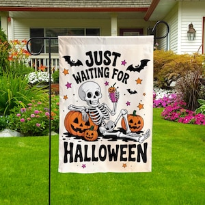 Just Waiting For Halloween Garden Flag, Spooky Summer Decor, Halloween Pool Float Flag, Summerween Skeleton Flag, Halloween Flag