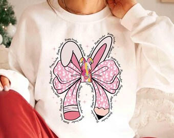 Pencil Teacher Easter Shirt, Easter Teacher shirt, Brushstroke Easter Bunny Spring Teach Shirt, Coquette Bow Teaching Bunnies Teacher Gift
