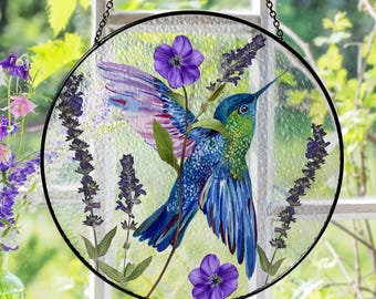 Lavender Real Pressed Dried Flower Stained Glass Hummingbird Suncatcher,Hummingbird Gift Wall Art, Window Hanging, Indoor Decor, Sun Catcher