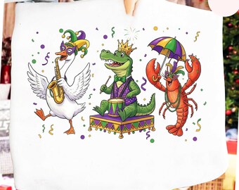 Camisa Preppy Mardi Gras 2026 con colores cómodos, camisa de carnaval con lazo de cangrejo y coqueta, camiseta con flor de lis, camiseta de Mardi Gras con cocodrilo, cangrejo y ganso.