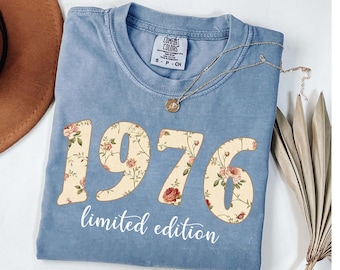 Camisa floral de 1976, camiseta de edición limitada de 1976, camiseta vintage de cumpleaños de 1976, camiseta de cumpleaños con colores cómodos, regalo de 50 cumpleaños para mujer