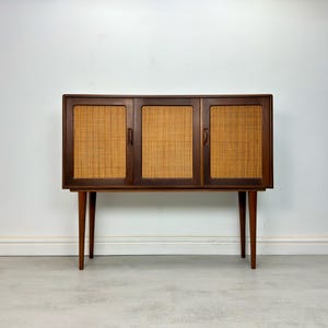 May include: A rectangular wooden sideboard featuring three cabinet doors with woven cane panels. The dark brown wood frame contrasts with the light tan cane inserts. The unit is supported by four tapered wooden legs, providing a stable base.