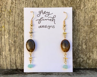 Tiger's Eye Earrings | Oval Tiger Eye Stone | Tiger's Eye Gemstone | Gold Tiger's Eye Earrings | Aventurine Earrings | Stone Earrings