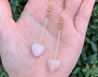 Rose Quartz Heart Dangle Earrings | Elegant Pink Stone