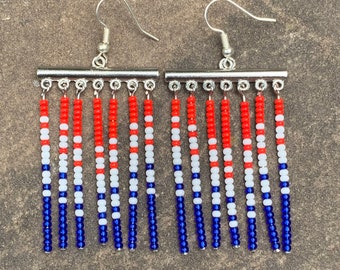 Red White and Blue Beaded Fringe Earrings | 4th of July Beaded Earrings | Dangle Fringe Earrings | Team USA Earrings | Seed Bead Earrings