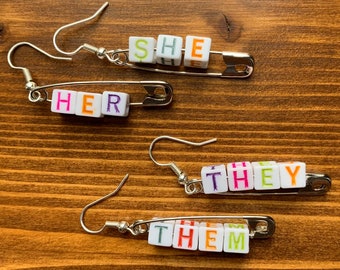 Pronoun Earrings | Safety Pin Pronoun Earrings - Customizable