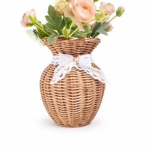 Woven Paper Flower Vase with Glass Jar – Eco-Friendly Home Art, Ribbon Decorated