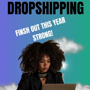 Op de afbeelding: Afbeelding die dropshipping promoot. Een vrouw werkt op een laptop met stapels contant geld en de tekst "MAKE $$ FROM HOME WITH NO INVENTORY" en "DROPSHIPPING". De zin "FINSH OUT THIS YEAR STRONG!" wordt ook weergegeven.