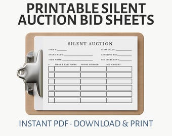 Printable Silent Auction Bid Sheet – Blank PDF, Instant Download, No Editing Required