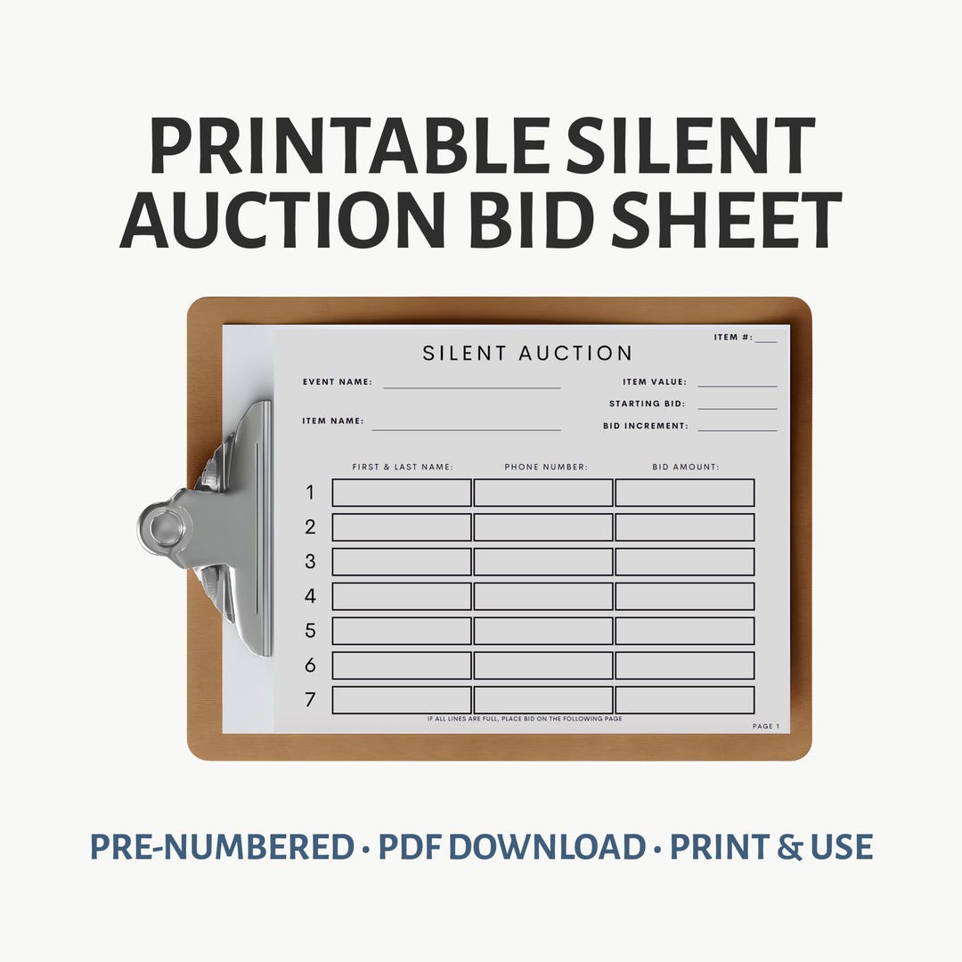 Printable Silent Auction Bid Sheet PDF – Fundraiser Auction Form - Etsy