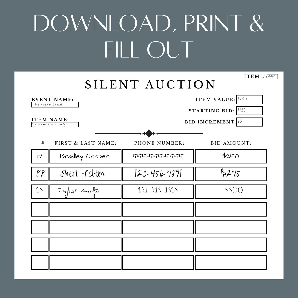 Printable Silent Auction Bid Sheet (PDF File - Simply Download, Print ...