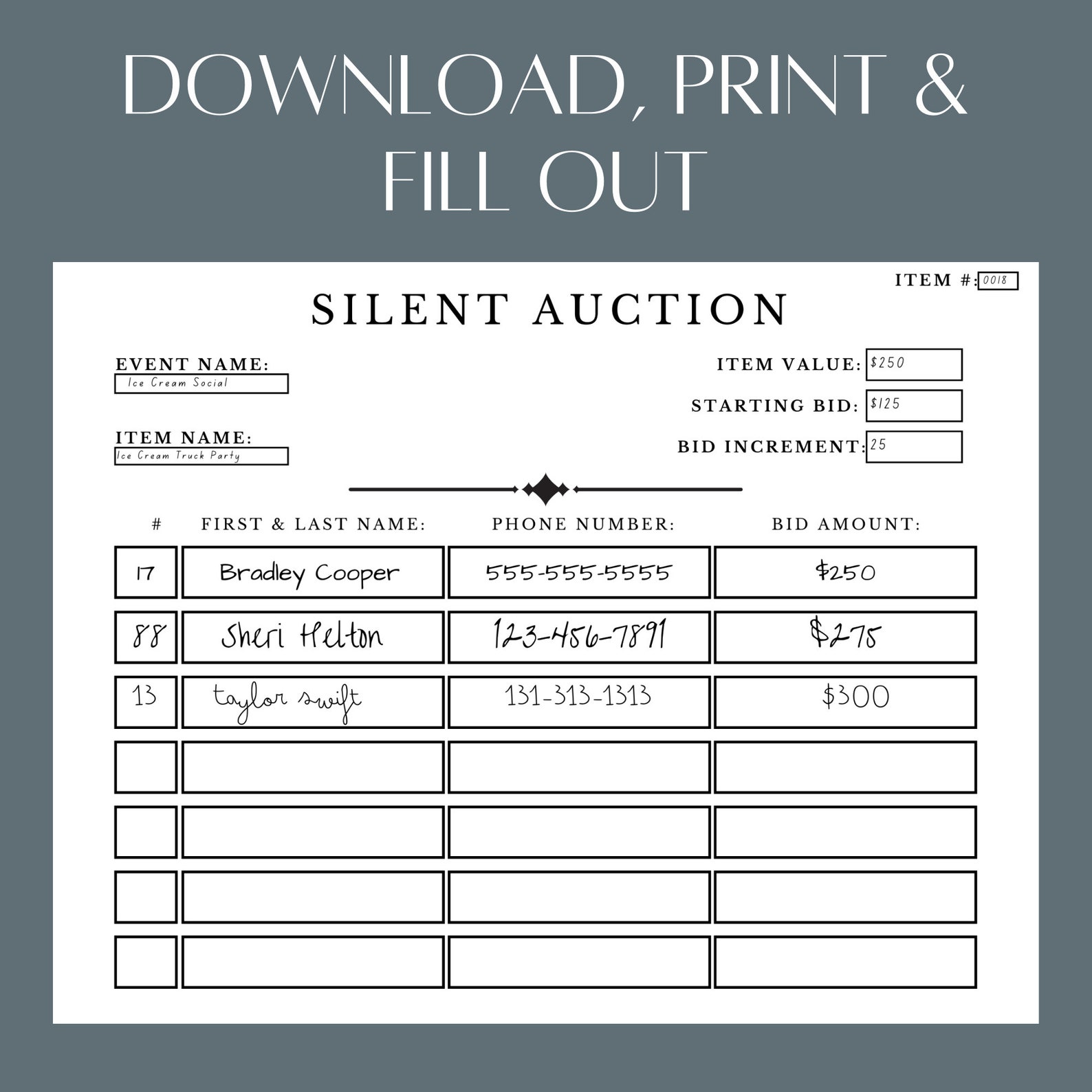 Printable Silent Auction Bid Sheet (PDF File Simply Download, Print