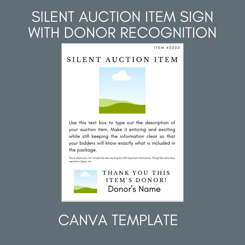Silent Auction Sign With Donor Recognition 8.5X11 And/or 8X10 Etsy