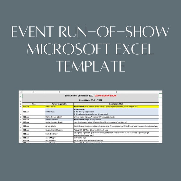 Run-of-Show / Show Flow / Event Timeline Microsoft Excel Vorlage | Verwenden Sie für die nächste Veranstaltung, Fundraiser, Gala, Golfturnier, Hochzeit, etc.