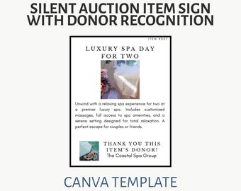 Silent Auction Item Sign with Donor Recognition | Printable Fundraiser Sign | Editable Canva Template