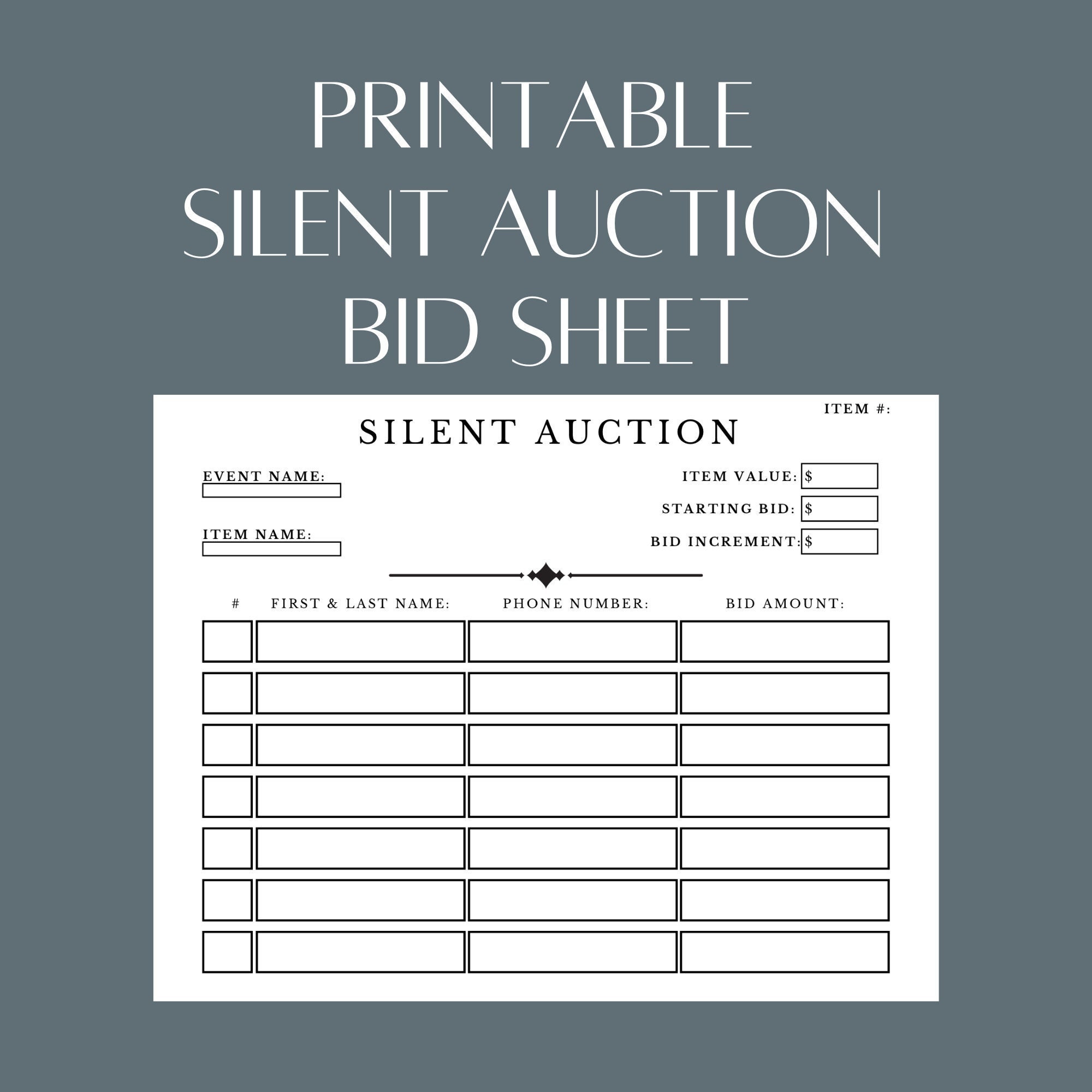 Printable Silent Auction Bid Sheet PDF File Simply Download, Print, and Fill Out - Etsy