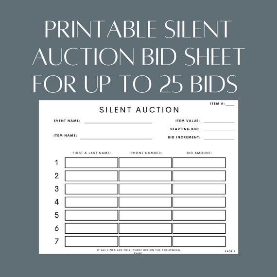 Printable Silent Auction Bid Sheet Pre Numbered for up to 25 - Etsy
