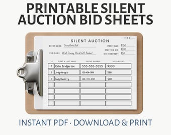 Modern Silent Auction Bid Sheet – Printable PDF Instant Download for Fundraisers